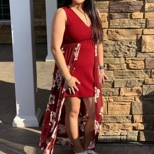 B Famous Burgundy Red V Neck Floral Mini Dress Sheer Open Maxi Skirt Tropical